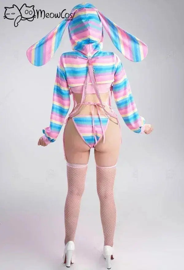 Meowcos Women Sexy Lingerie Set Rainbow Bunny Ear Long Sleeve Top and Vest Panty Set with Fishnet Stockings and Chains Costumes - SS69