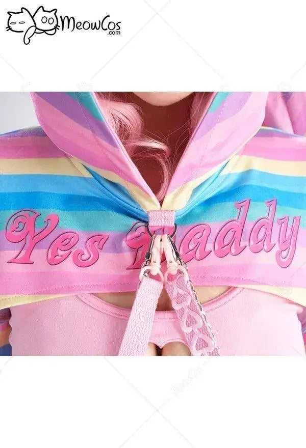 Meowcos Women Sexy Lingerie Set Rainbow Bunny Ear Long Sleeve Top and Vest Panty Set with Fishnet Stockings and Chains Costumes - SS69