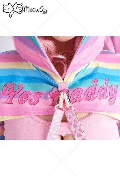 Meowcos Women Sexy Lingerie Set Rainbow Bunny Ear Long Sleeve Top and Vest Panty Set with Fishnet Stockings and Chains Costumes - SS69