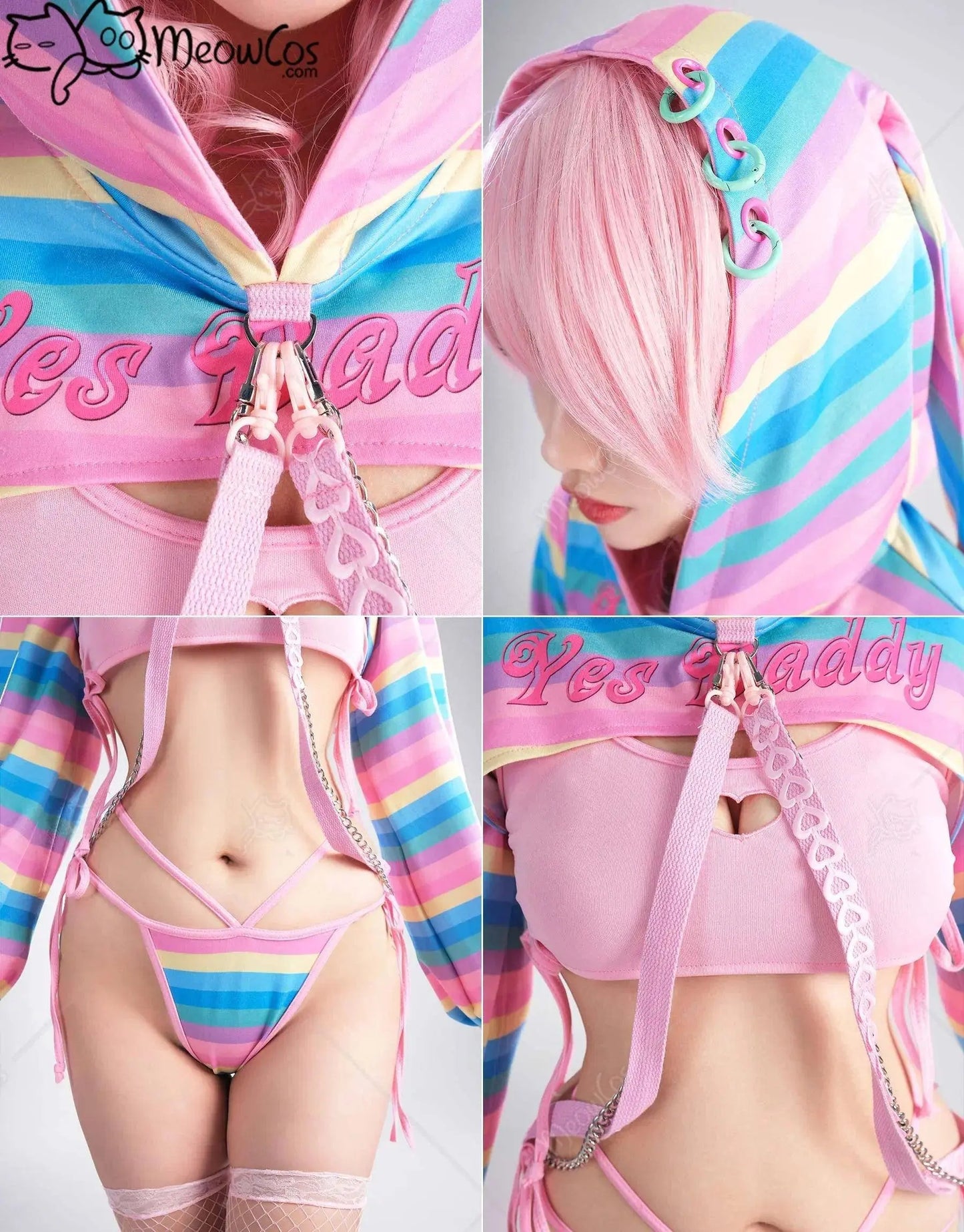 Meowcos Women Sexy Lingerie Set Rainbow Bunny Ear Long Sleeve Top and Vest Panty Set with Fishnet Stockings and Chains Costumes - SS69