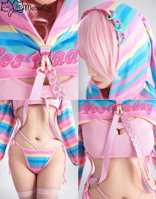 Meowcos Women Sexy Lingerie Set Rainbow Bunny Ear Long Sleeve Top and Vest Panty Set with Fishnet Stockings and Chains Costumes - SS69