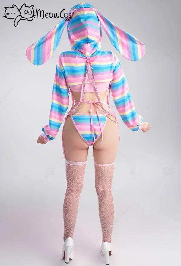 Meowcos Women Sexy Lingerie Set Rainbow Bunny Ear Long Sleeve Top and Vest Panty Set with Fishnet Stockings and Chains Costumes - SS69
