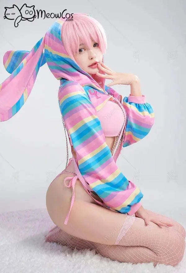 Meowcos Women Sexy Lingerie Set Rainbow Bunny Ear Long Sleeve Top and Vest Panty Set with Fishnet Stockings and Chains Costumes - SS69