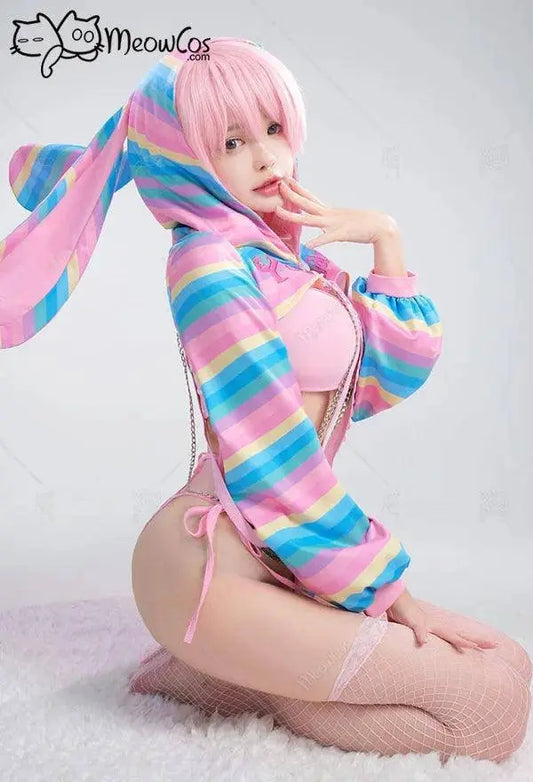 Meowcos Women Sexy Lingerie Set Rainbow Bunny Ear Long Sleeve Top and Vest Panty Set with Fishnet Stockings and Chains Costumes - SS69