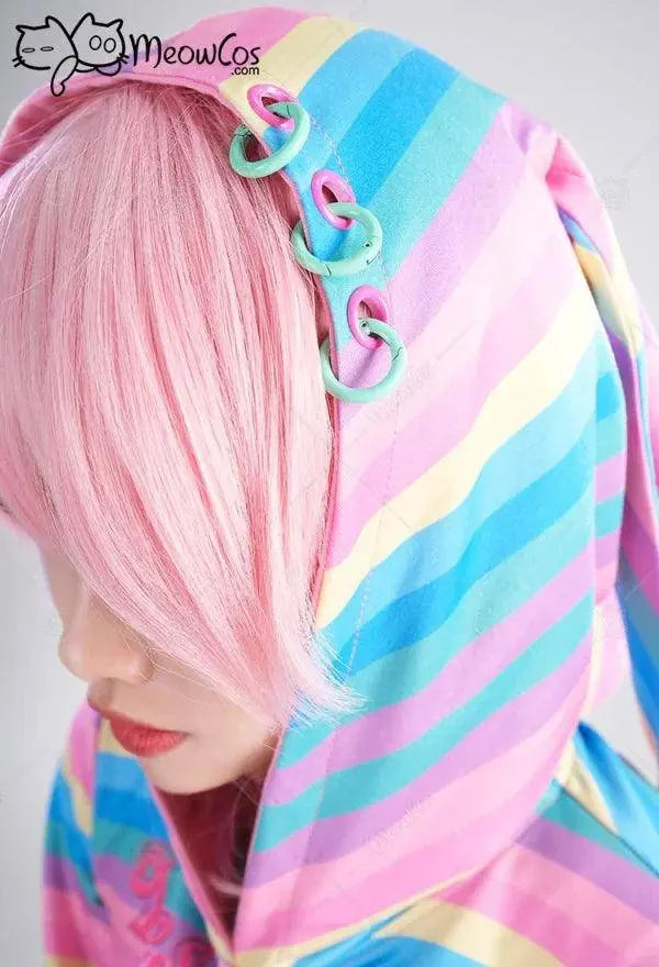 Meowcos Women Sexy Lingerie Set Rainbow Bunny Ear Long Sleeve Top and Vest Panty Set with Fishnet Stockings and Chains Costumes - SS69