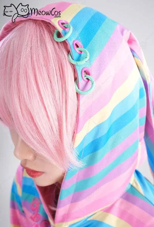 Meowcos Women Sexy Lingerie Set Rainbow Bunny Ear Long Sleeve Top and Vest Panty Set with Fishnet Stockings and Chains Costumes - SS69