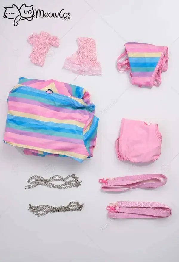 Meowcos Women Sexy Lingerie Set Rainbow Bunny Ear Long Sleeve Top and Vest Panty Set with Fishnet Stockings and Chains Costumes - SS69