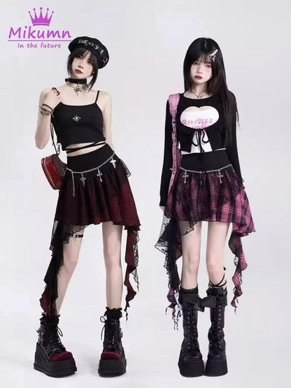 Mikumn Gothic Punk Rock Irregular Plaid Skirt Harajuku Y2k Girls Fashion High Waist Asymmetric Lace Short Skirts Chic Streetwear - SS69