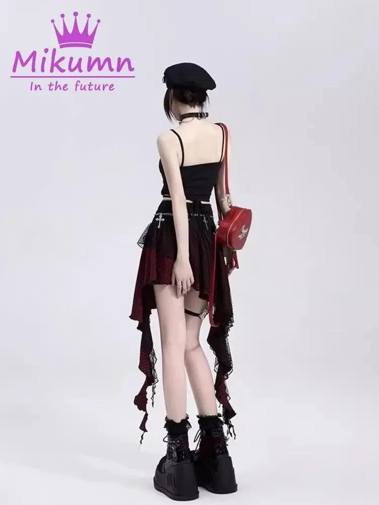 Mikumn Gothic Punk Rock Irregular Plaid Skirt Harajuku Y2k Girls Fashion High Waist Asymmetric Lace Short Skirts Chic Streetwear - SS69