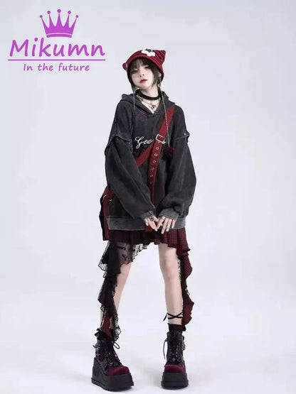 Mikumn Gothic Punk Rock Irregular Plaid Skirt Harajuku Y2k Girls Fashion High Waist Asymmetric Lace Short Skirts Chic Streetwear - SS69