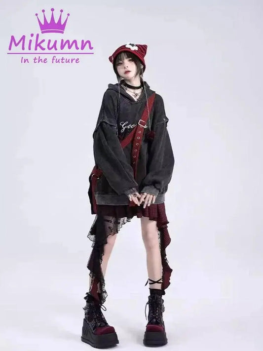 Mikumn Gothic Punk Rock Irregular Plaid Skirt Harajuku Y2k Girls Fashion High Waist Asymmetric Lace Short Skirts Chic Streetwear - SS69