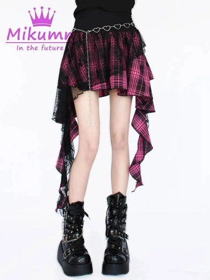 Mikumn Gothic Punk Rock Irregular Plaid Skirt Harajuku Y2k Girls Fashion High Waist Asymmetric Lace Short Skirts Chic Streetwear - SS69