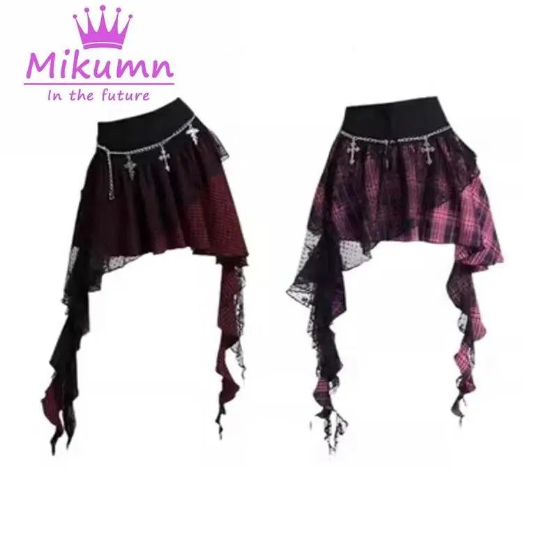 Mikumn Gothic Punk Rock Irregular Plaid Skirt Harajuku Y2k Girls Fashion High Waist Asymmetric Lace Short Skirts Chic Streetwear - SS69