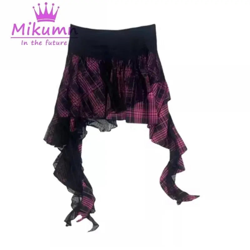 Mikumn Gothic Punk Rock Irregular Plaid Skirt Harajuku Y2k Girls Fashion High Waist Asymmetric Lace Short Skirts Chic Streetwear - SS69