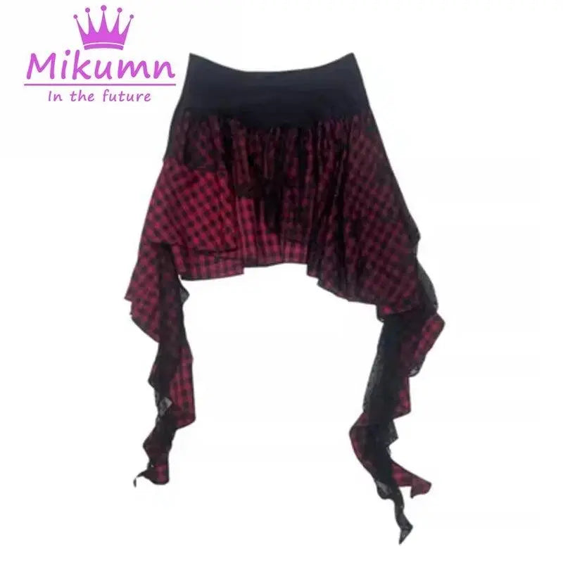 Mikumn Gothic Punk Rock Irregular Plaid Skirt Harajuku Y2k Girls Fashion High Waist Asymmetric Lace Short Skirts Chic Streetwear - SS69