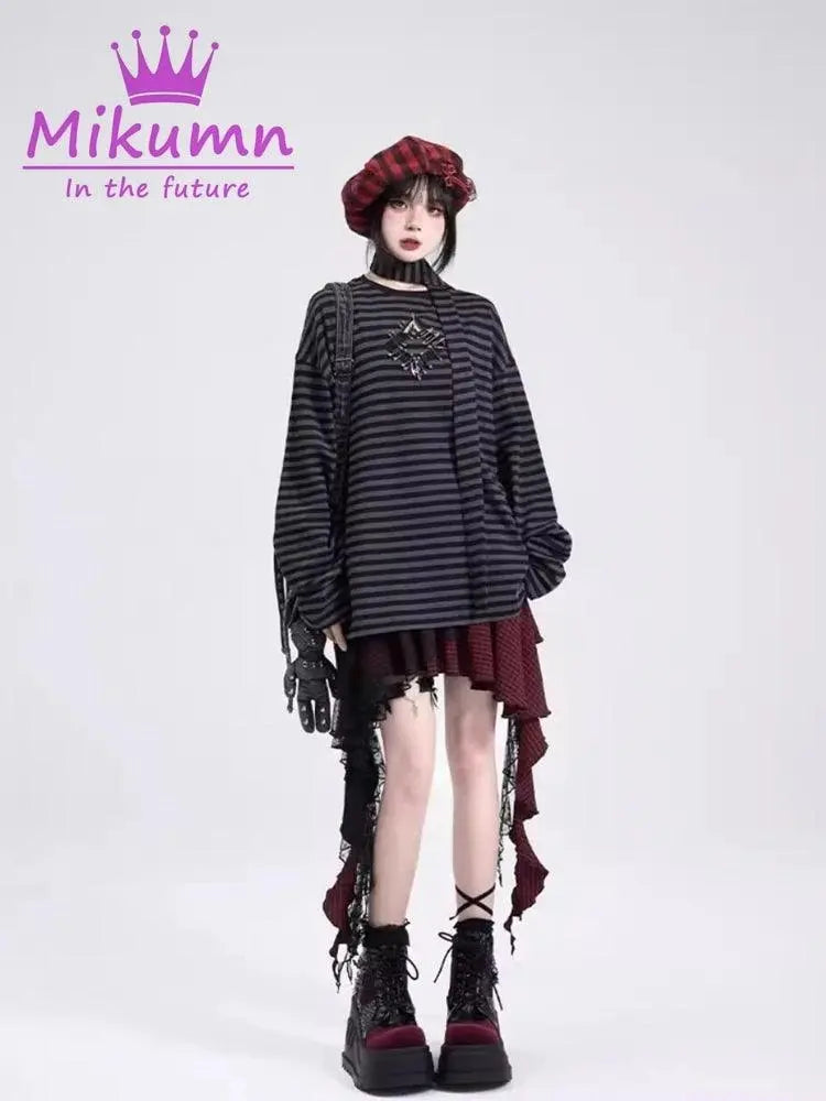 Mikumn Gothic Punk Rock Irregular Plaid Skirt Harajuku Y2k Girls Fashion High Waist Asymmetric Lace Short Skirts Chic Streetwear - SS69