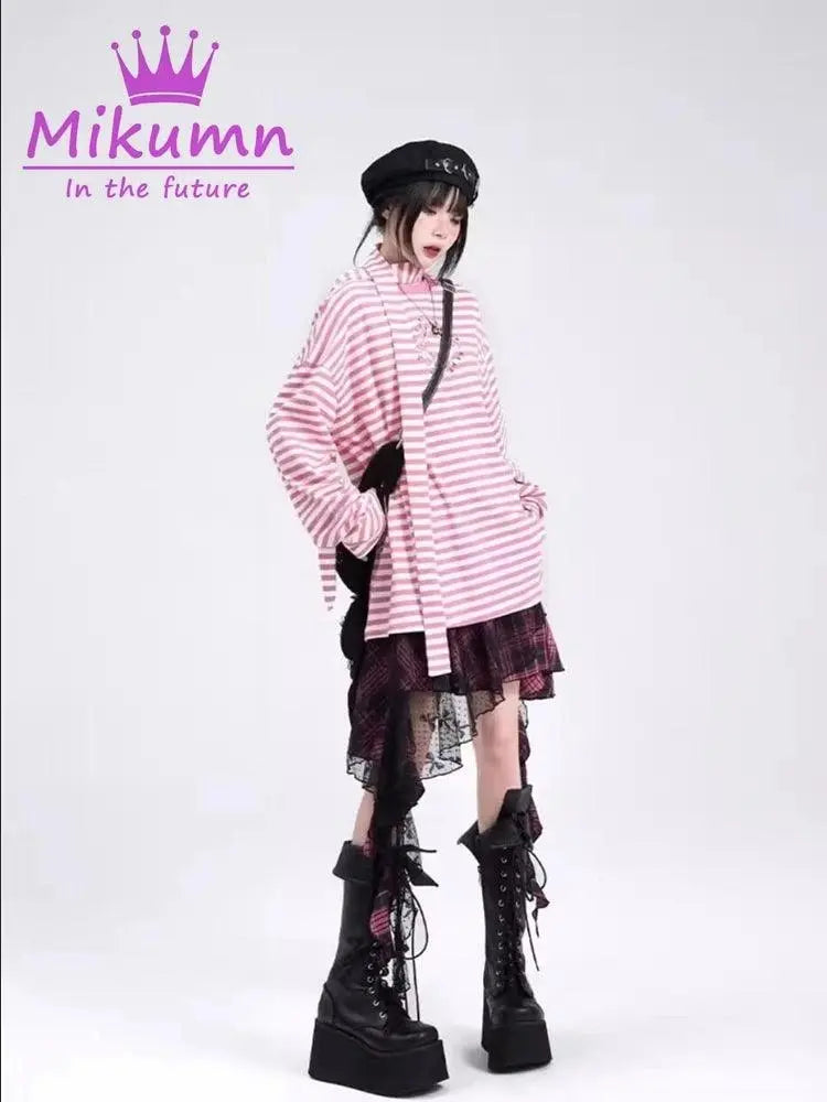 Mikumn Gothic Punk Rock Irregular Plaid Skirt Harajuku Y2k Girls Fashion High Waist Asymmetric Lace Short Skirts Chic Streetwear - SS69
