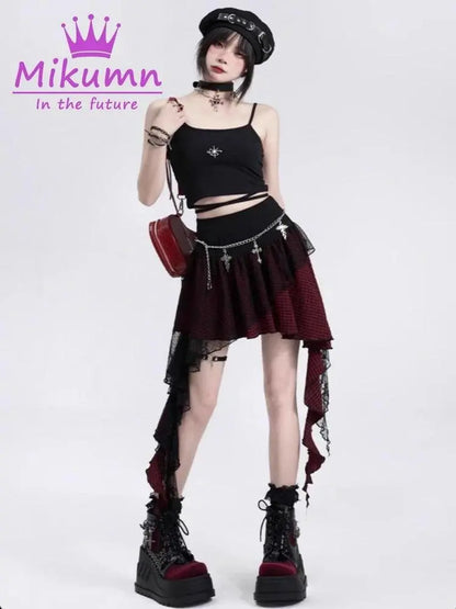 Mikumn Gothic Punk Rock Irregular Plaid Skirt Harajuku Y2k Girls Fashion High Waist Asymmetric Lace Short Skirts Chic Streetwear - SS69