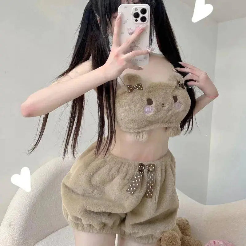 Miniso Sanrio Kawaii Pajamas Camis Comfortable Plush Shorts Homewear Cute Cartoon Sleepwear Milk Silk Women's Underwear Set SS69