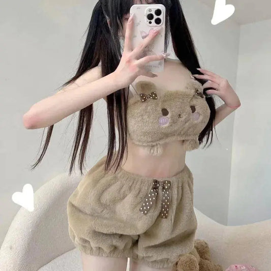 Miniso Sanrio Kawaii Pajamas Camis Comfortable Plush Shorts Homewear Cute Cartoon Sleepwear Milk Silk Women's Underwear Set SS69