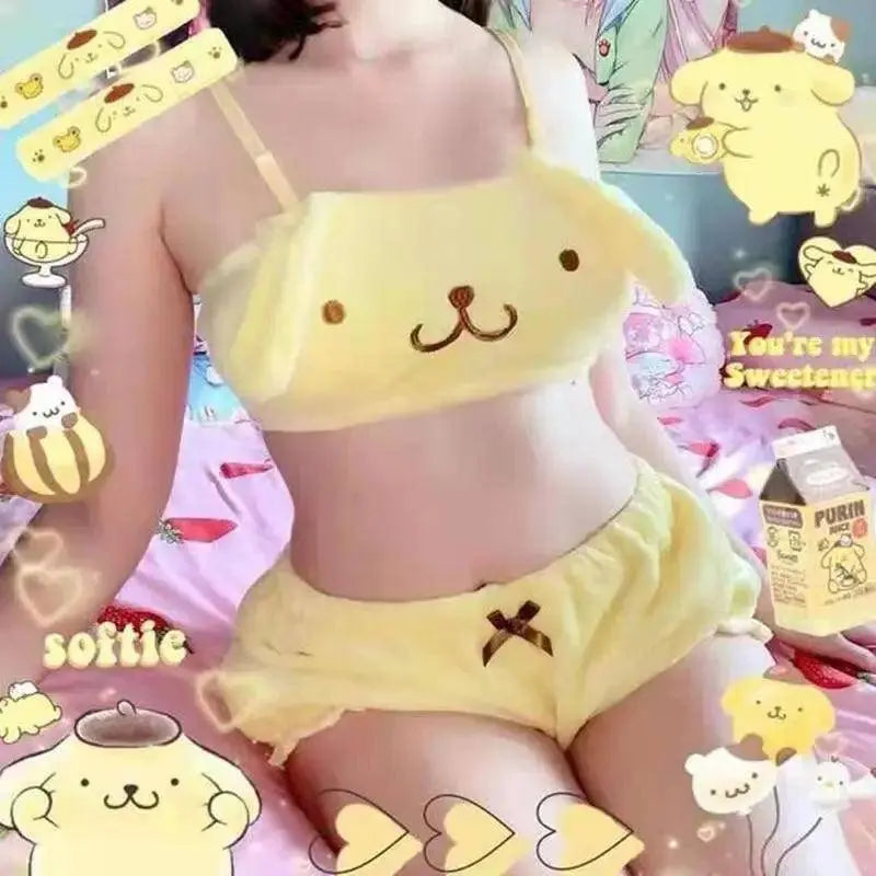 Miniso Sanrio Kawaii Pajamas Camis Comfortable Plush Shorts Homewear Cute Cartoon Sleepwear Milk Silk Women's Underwear Set SS69