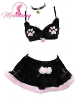 Mobbunny Women's Kawaii Homewear Sexy Lingerie Set Plush Cat Paw Three-Point Top and Panty with Skirt Choker - SS69