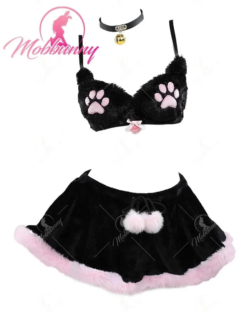 Mobbunny Women's Kawaii Homewear Sexy Lingerie Set Plush Cat Paw Three-Point Top and Panty with Skirt Choker - SS69