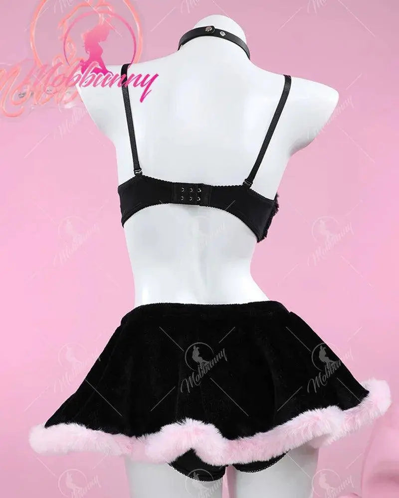 Mobbunny Women's Kawaii Homewear Sexy Lingerie Set Plush Cat Paw Three-Point Top and Panty with Skirt Choker - SS69