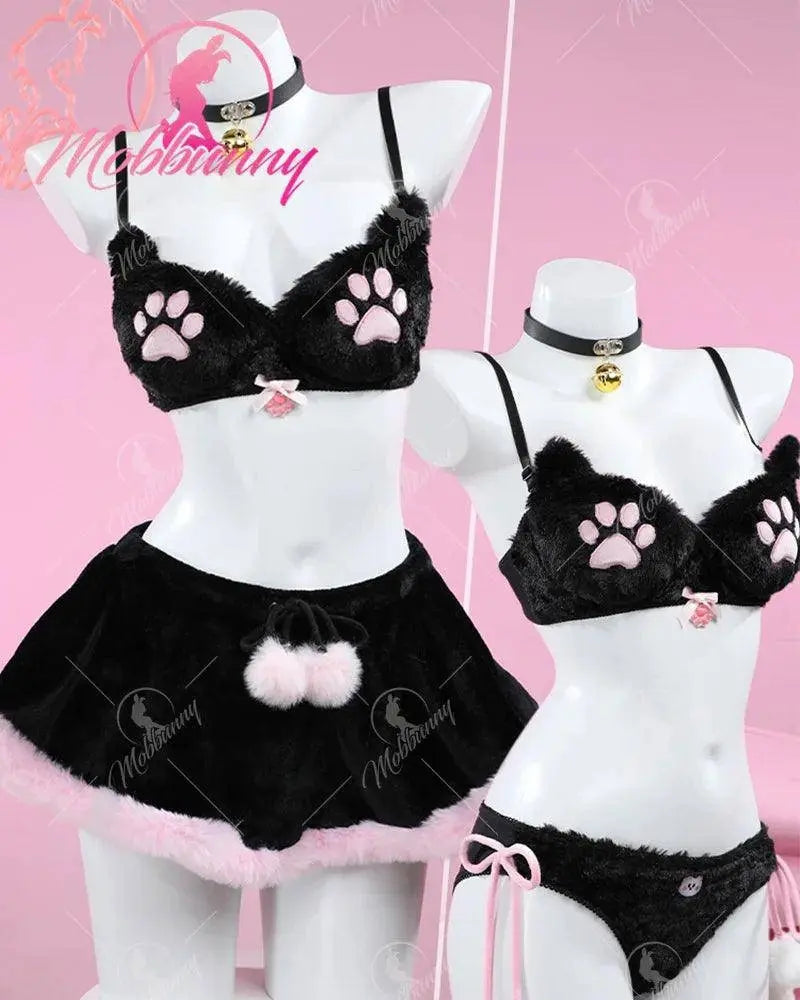 Mobbunny Women's Kawaii Homewear Sexy Lingerie Set Plush Cat Paw Three-Point Top and Panty with Skirt Choker - SS69