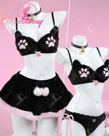 Mobbunny Women's Kawaii Homewear Sexy Lingerie Set Plush Cat Paw Three-Point Top and Panty with Skirt Choker - SS69