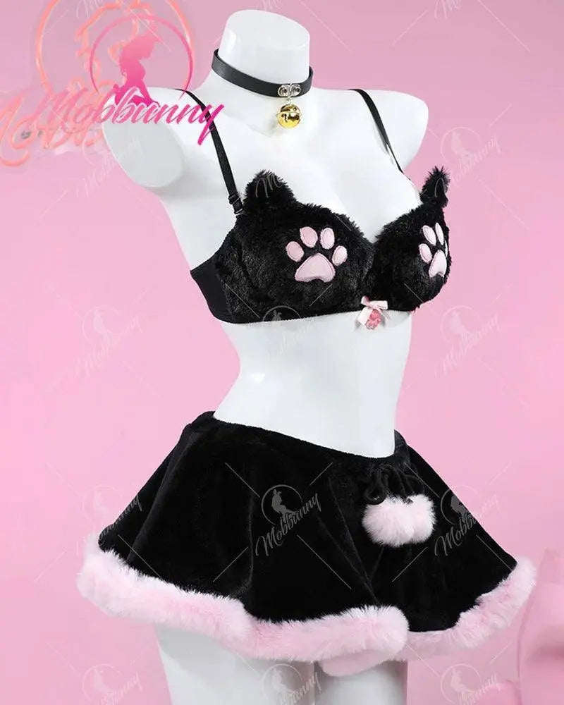 Mobbunny Women's Kawaii Homewear Sexy Lingerie Set Plush Cat Paw Three-Point Top and Panty with Skirt Choker - SS69