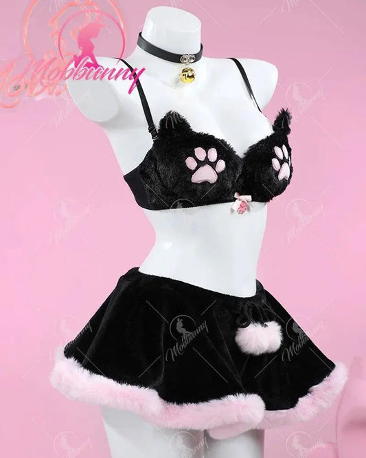 Mobbunny Women's Kawaii Homewear Sexy Lingerie Set Plush Cat Paw Three-Point Top and Panty with Skirt Choker - SS69