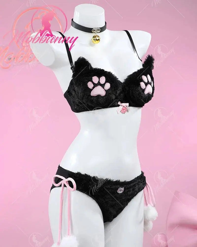 Mobbunny Women's Kawaii Homewear Sexy Lingerie Set Plush Cat Paw Three-Point Top and Panty with Skirt Choker - SS69
