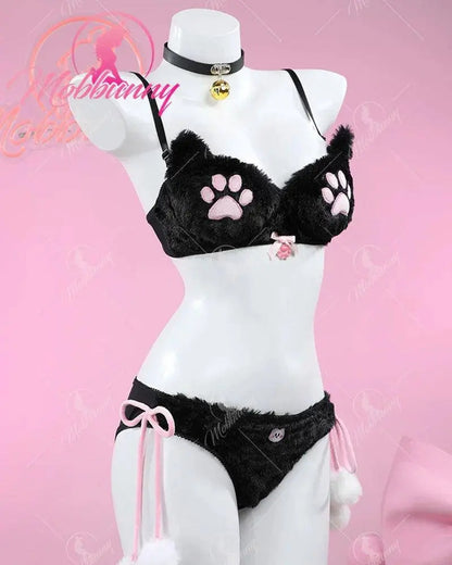 Mobbunny Women's Kawaii Homewear Sexy Lingerie Set Plush Cat Paw Three-Point Top and Panty with Skirt Choker - SS69
