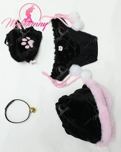 Mobbunny Women's Kawaii Homewear Sexy Lingerie Set Plush Cat Paw Three-Point Top and Panty with Skirt Choker - SS69