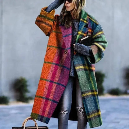 Modigirl Winter Long Coats for Woman 2025 Contrast Plaid Long Sleeves Women's Loose Streetwear Coat Woolen Coat  Jacket Female SS69
