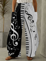 Music Note Print Wide Leg Pants, Casual Elastic Waist Baggy Pants With Pocket, Women's Clothing SS69