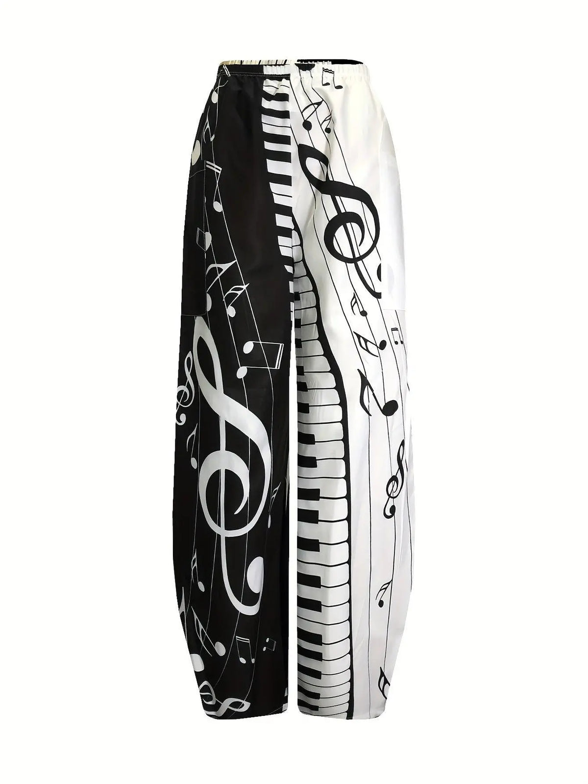 Music Note Print Wide Leg Pants, Casual Elastic Waist Baggy Pants With Pocket, Women's Clothing SS69