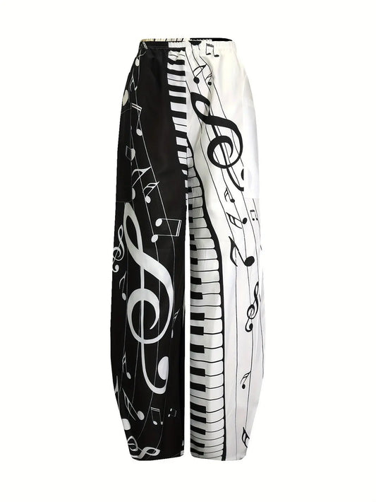 Music Note Print Wide Leg Pants, Casual Elastic Waist Baggy Pants With Pocket, Women's Clothing SS69