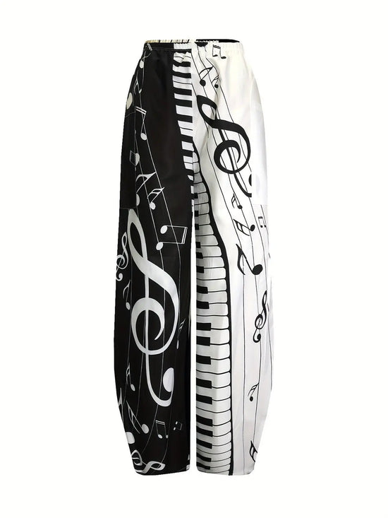 Music Note Print Wide Leg Pants, Casual Elastic Waist Baggy Pants With Pocket, Women's Clothing SS69