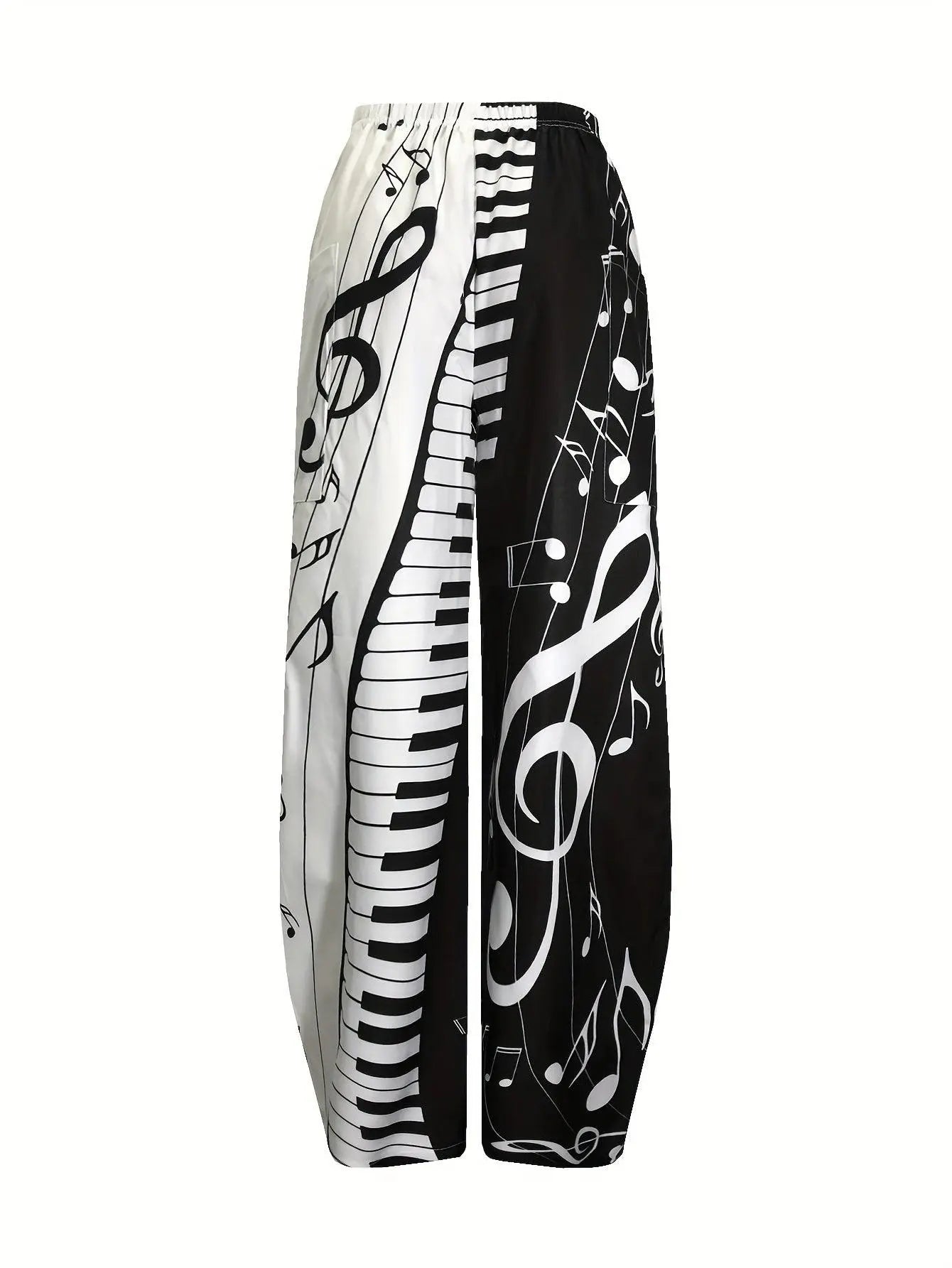Music Note Print Wide Leg Pants, Casual Elastic Waist Baggy Pants With Pocket, Women's Clothing SS69