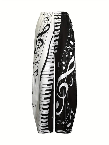 Music Note Print Wide Leg Pants, Casual Elastic Waist Baggy Pants With Pocket, Women's Clothing SS69