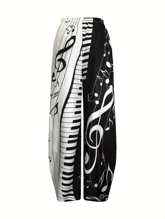 Music Note Print Wide Leg Pants, Casual Elastic Waist Baggy Pants With Pocket, Women's Clothing SS69