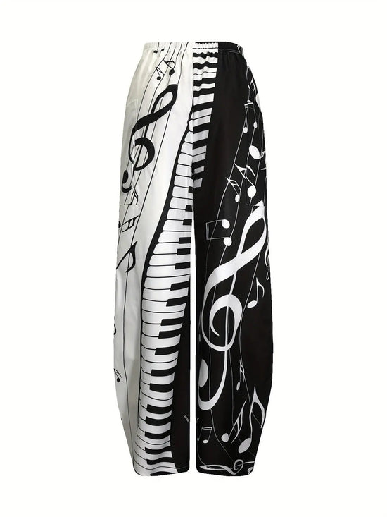 Music Note Print Wide Leg Pants, Casual Elastic Waist Baggy Pants With Pocket, Women's Clothing SS69
