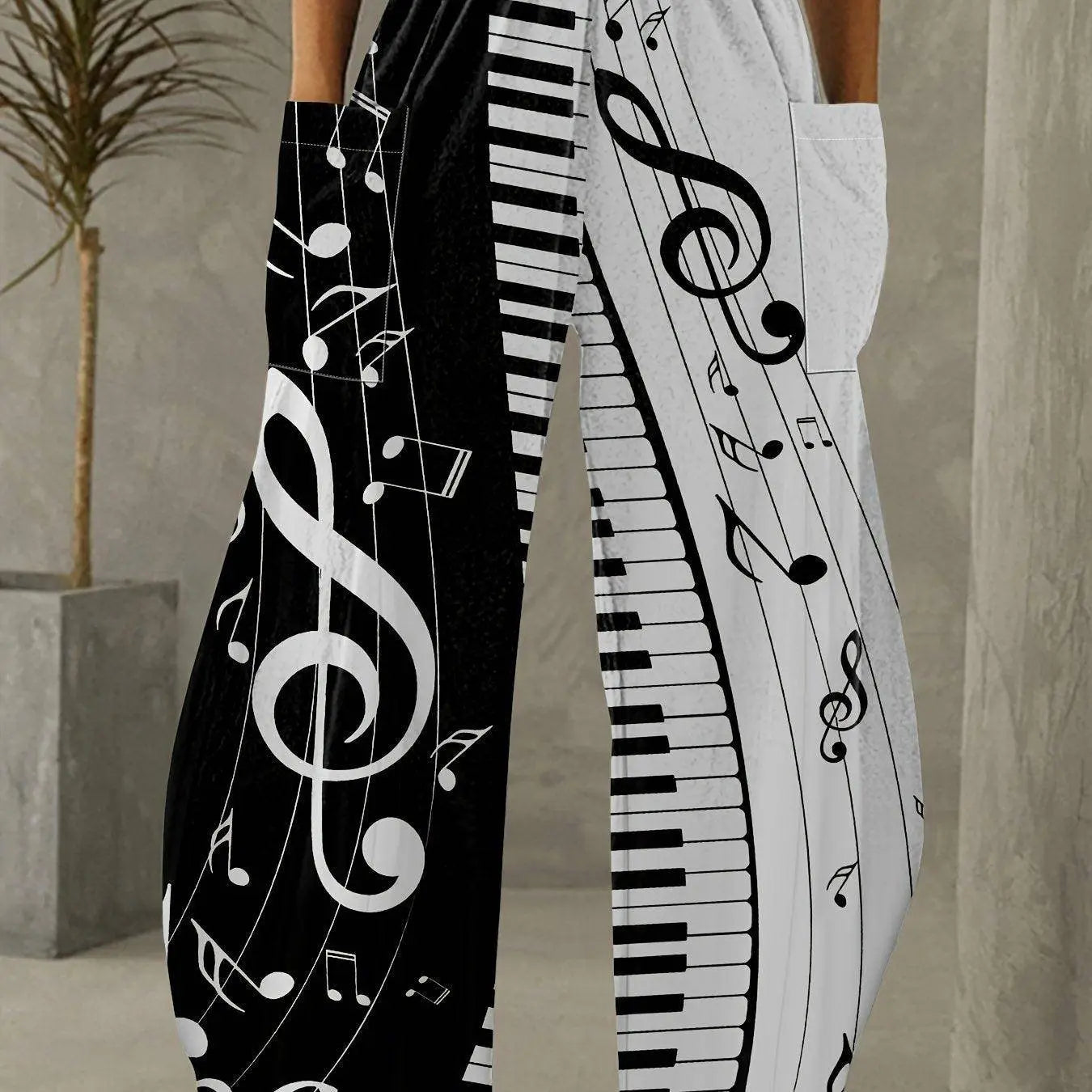 Music Note Print Wide Leg Pants, Casual Elastic Waist Baggy Pants With Pocket, Women's Clothing SS69 18.69 Multicolor / XXL(50)