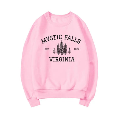 Mystic Falls Virginia Sweatshirt Vampire Fan Sweater Salvatore Brothers Hoodie Unisex Long Sleeve Sweatshirts Casual Pullovers SS69 27.69 Pink / S