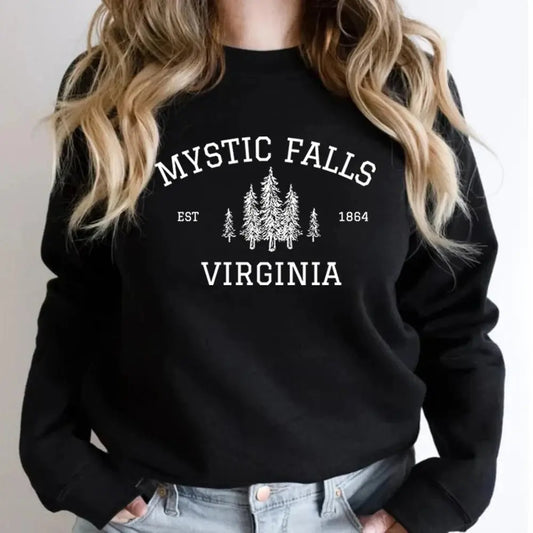 Mystic Falls Virginia Sweatshirt Vampire Fan Sweater Salvatore Brothers Hoodie Unisex Long Sleeve Sweatshirts Casual Pullovers SS69 27.69 black / L