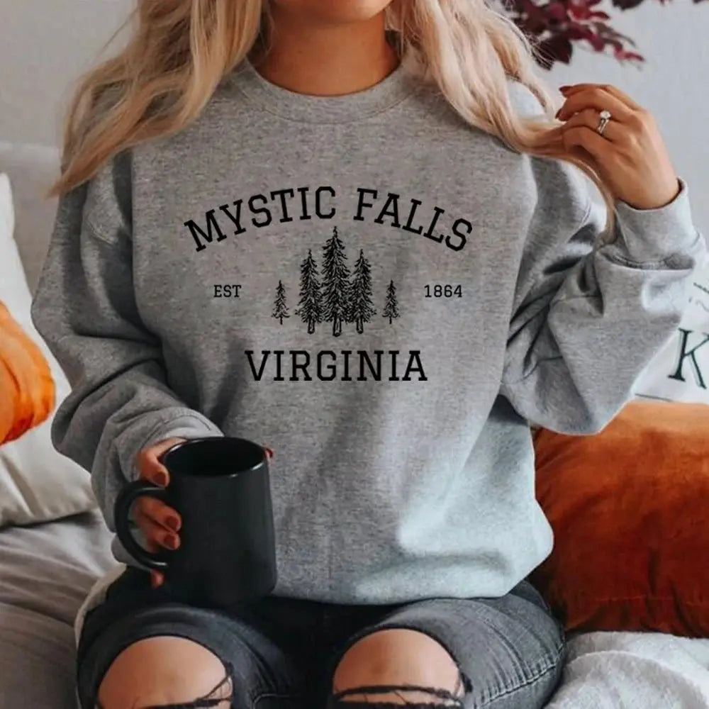Mystic Falls Virginia Sweatshirt Vampire Fan Sweater Salvatore Brothers Hoodie Unisex Long Sleeve Sweatshirts Casual Pullovers SS69 27.69 GRAY / L