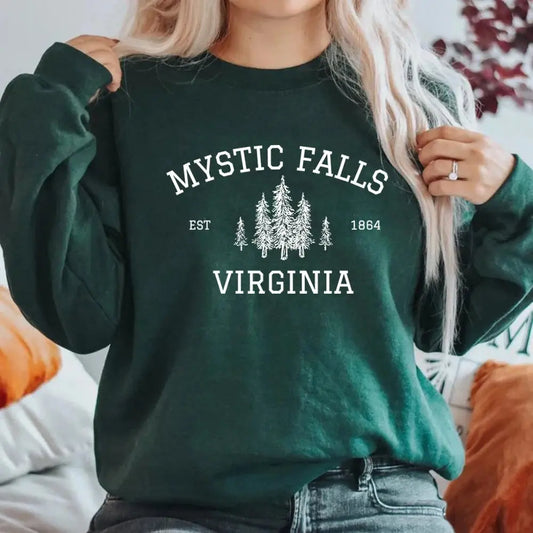 Mystic Falls Virginia Sweatshirt Vampire Fan Sweater Salvatore Brothers Hoodie Unisex Long Sleeve Sweatshirts Casual Pullovers SS69 27.69 Dark Green / S