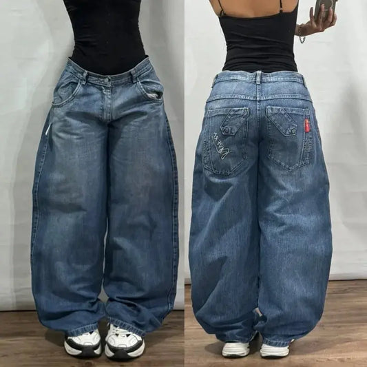 New American Trend Vintage Hip Hop Letter Embroidery Pattern Baggy Jeans Men And Women Y2K Harajuku Gothic Wide Pants Streetwear SS69
